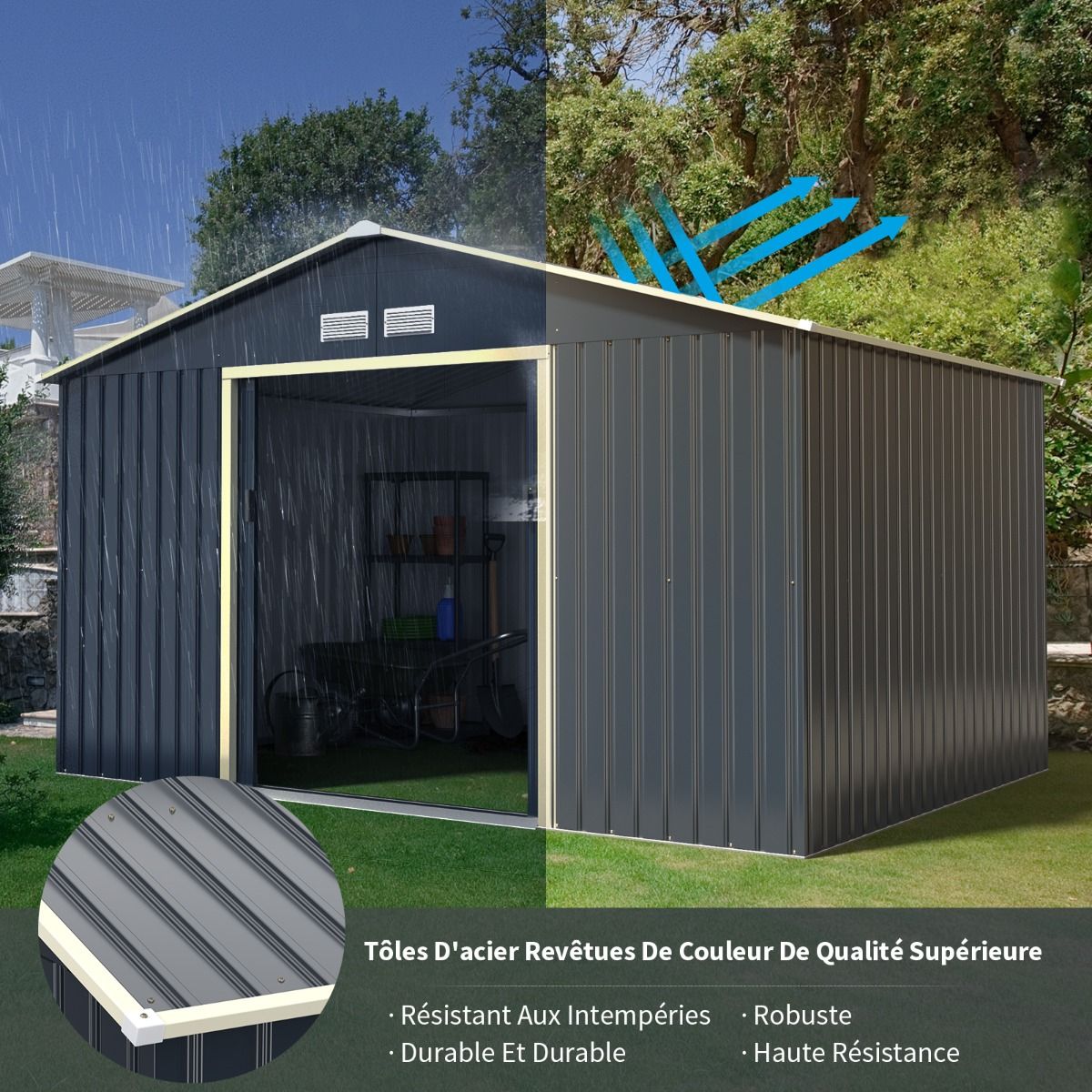 Metal Garden Shed & Extension 10.85 with 2 Lockable Sliding Doors 4 Gray Ventilation Holes for Bicycle -