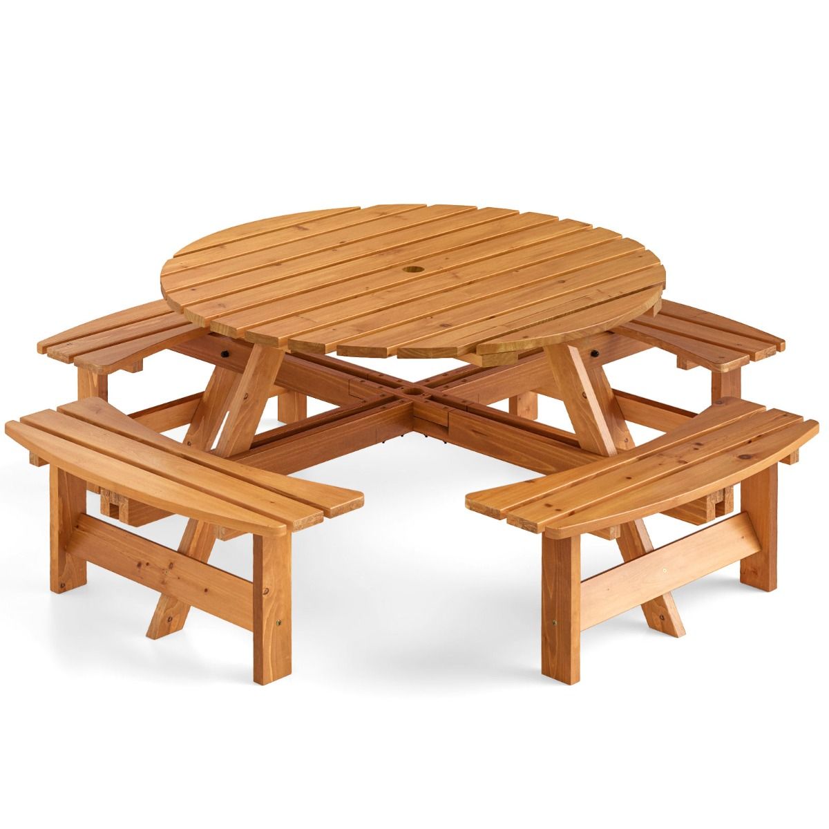 Wooden Picnic Table Set for 2-8 People Circular Table and Bench Set with 4 Integrated Benches 5cm Umbrella Hole Brown/Yellow -