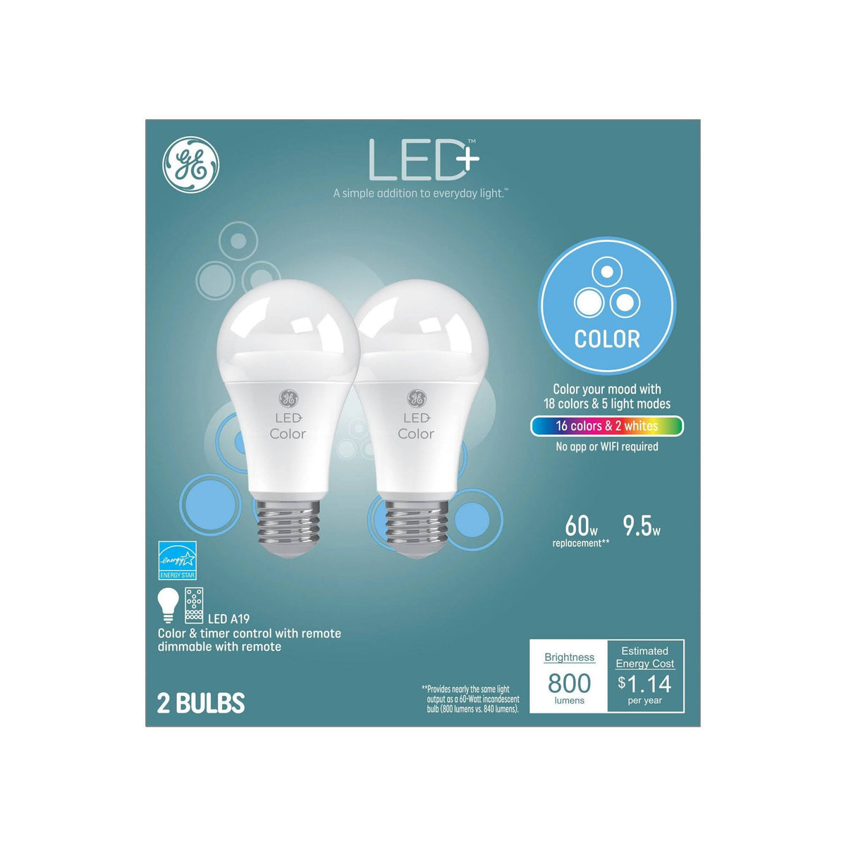 LED+ Color-Changing 60W Replacement LED General Purpose A19 Light Bulbs, 2-Pack - Product image 1
