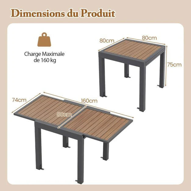 Extendable aluminum garden table adjustable from 80 to 160 cm rectangular outdoor dining table for 4-6 people natural 20_0009421 -