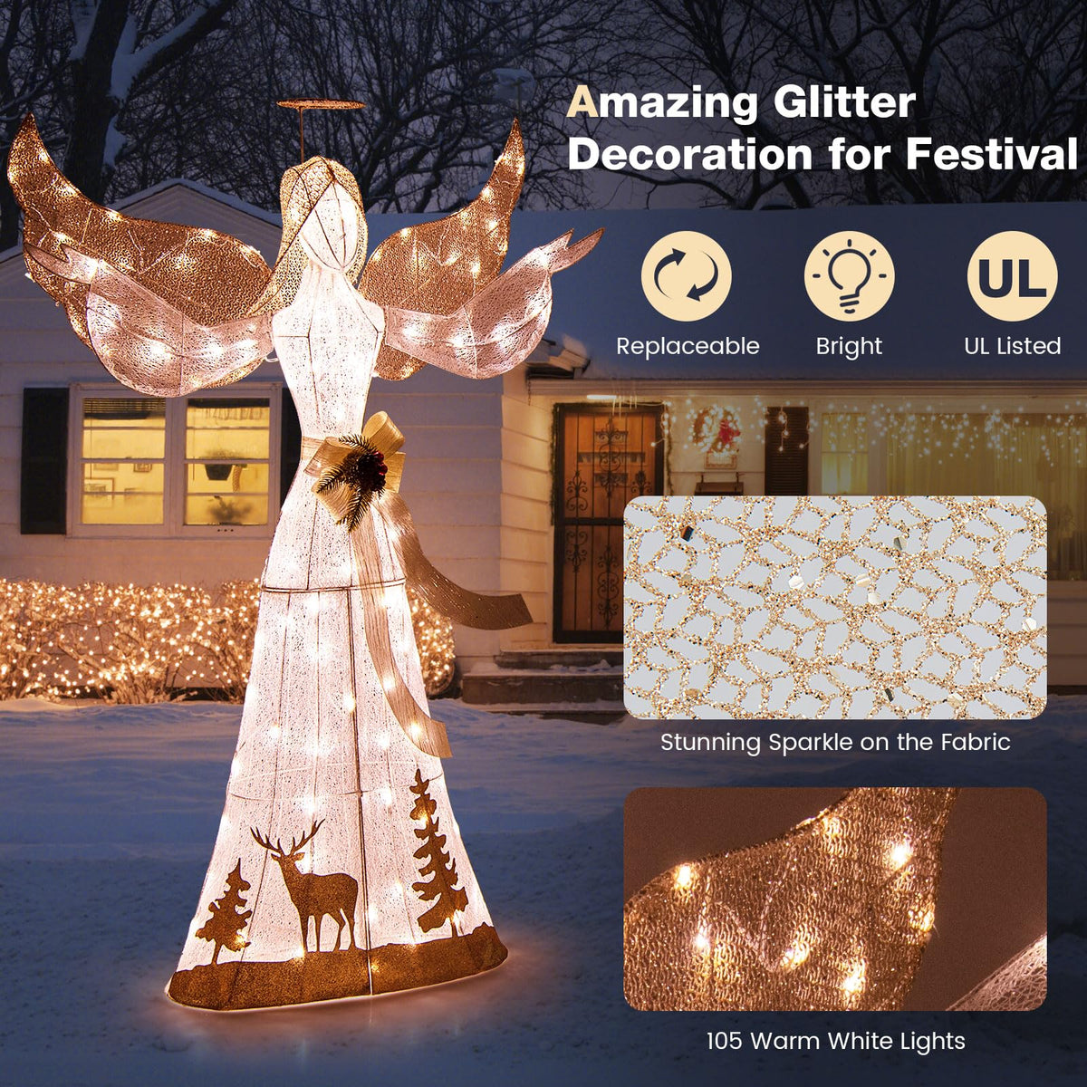 Tangkula 5 FT Lighted Christmas Angel, Outdoor Pre-lit 3D Glittered Angel with 100 Warm White Lights - Product image 6