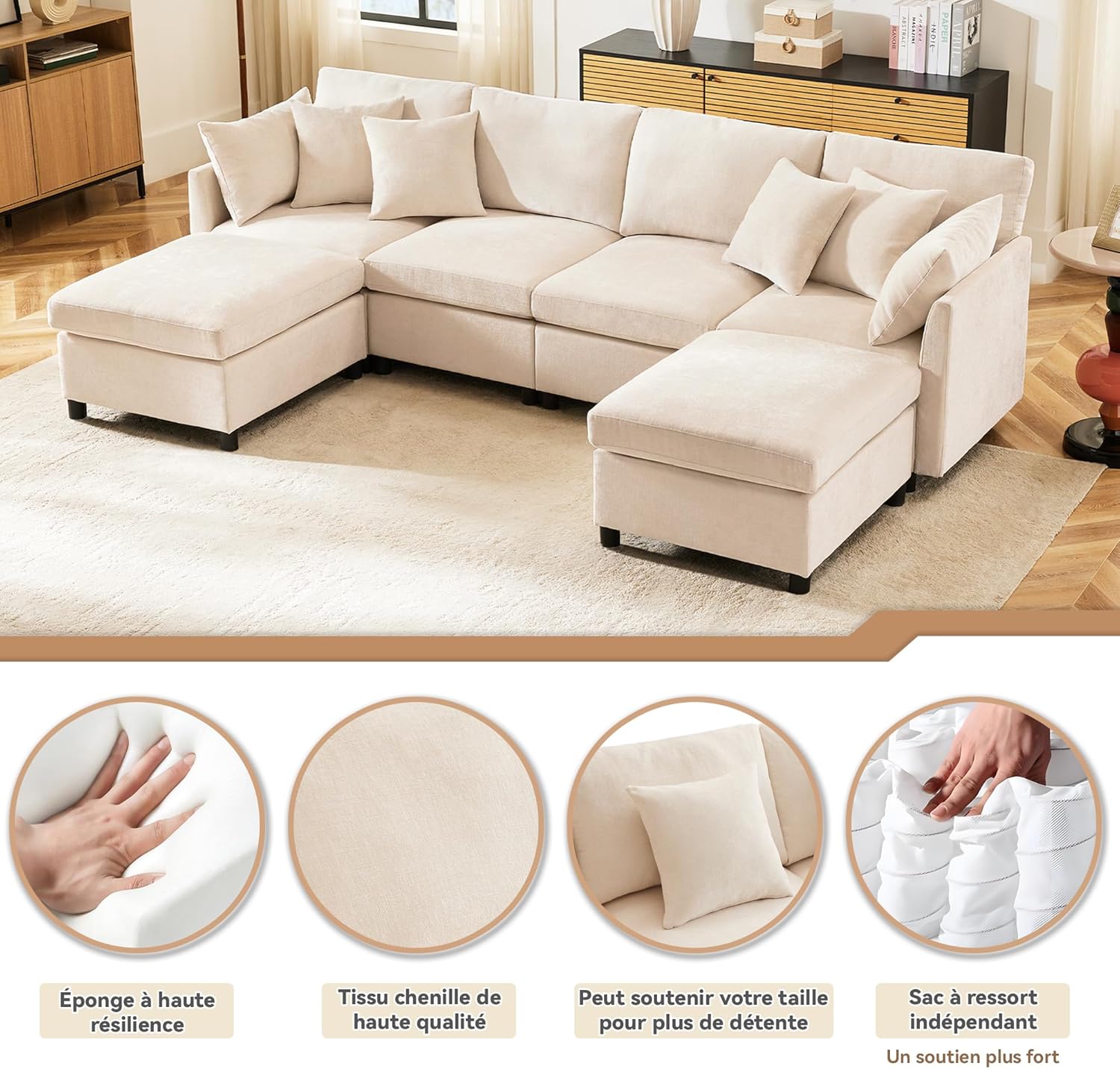 Seyakany Convertible Corner Sofa,4 Seater Convertible Sofa,Chenille Fabric with Removable Footrest,Four Seater L Shaped Sofa,Suitable for Home,Living Room,Apartment