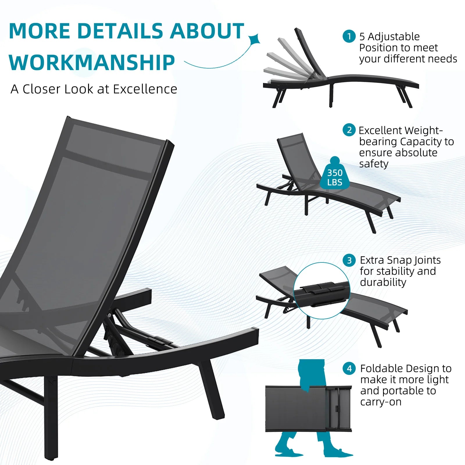 AECOJOY Outdoor Chaise Lounge, All Weather Pool Lounge Chairs Ergonomic Design (Dark Grey, 1 PCs) - Product image 7