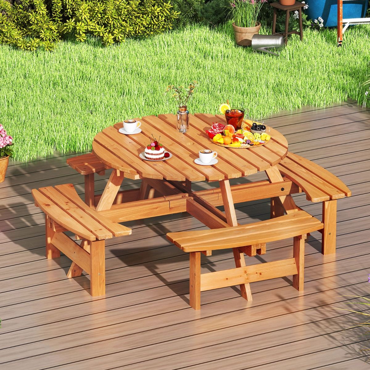 Wooden Picnic Table Set for 2-8 People Circular Table and Bench Set with 4 Integrated Benches 5cm Umbrella Hole Brown/Yellow -
