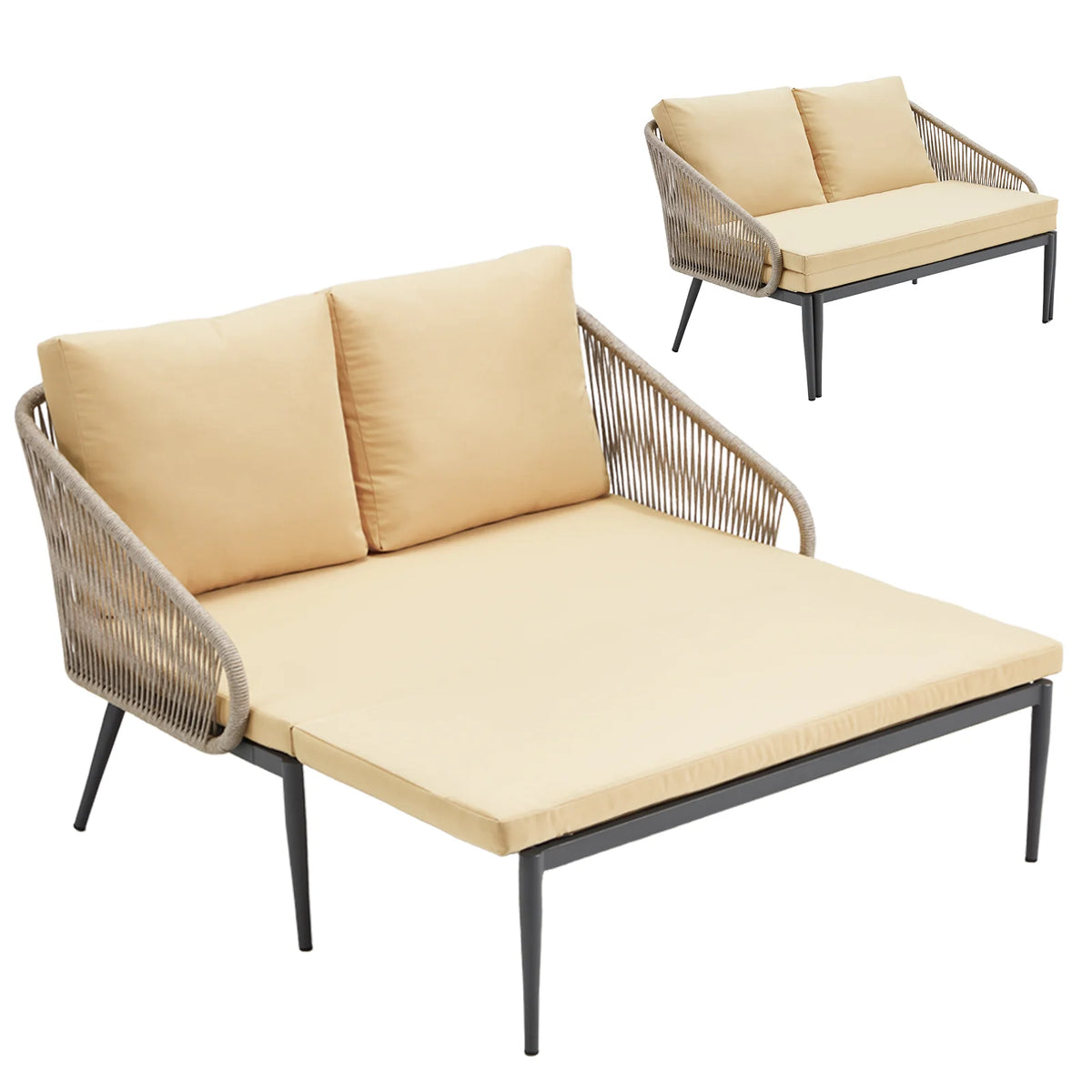 AECOJOY Outdoor Double Chaise Lounge Chair, Convertible Patio Loveseat Sofa Couch with Cushions - Product image 1