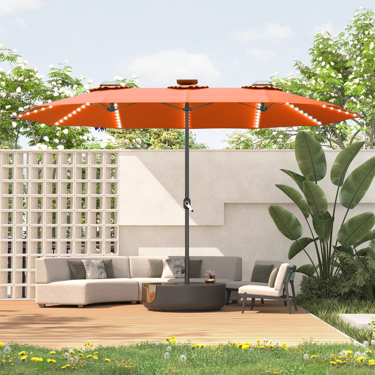 AECOJOY 15ft Patio Double-Sided Umbrella, 156 PCS Solar LED Light Outdoor Large Umbrella, Orange - Product image 9