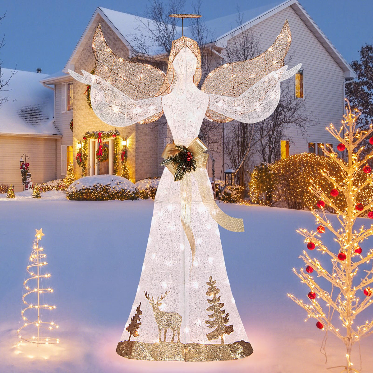Tangkula 5 FT Lighted Christmas Angel, Outdoor Pre-lit 3D Glittered Angel with 100 Warm White Lights - Product image 3