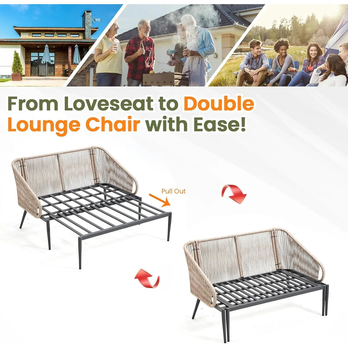 AECOJOY Outdoor Double Chaise Lounge Chair, Convertible Patio Loveseat Sofa Couch with Cushions - Product image 6