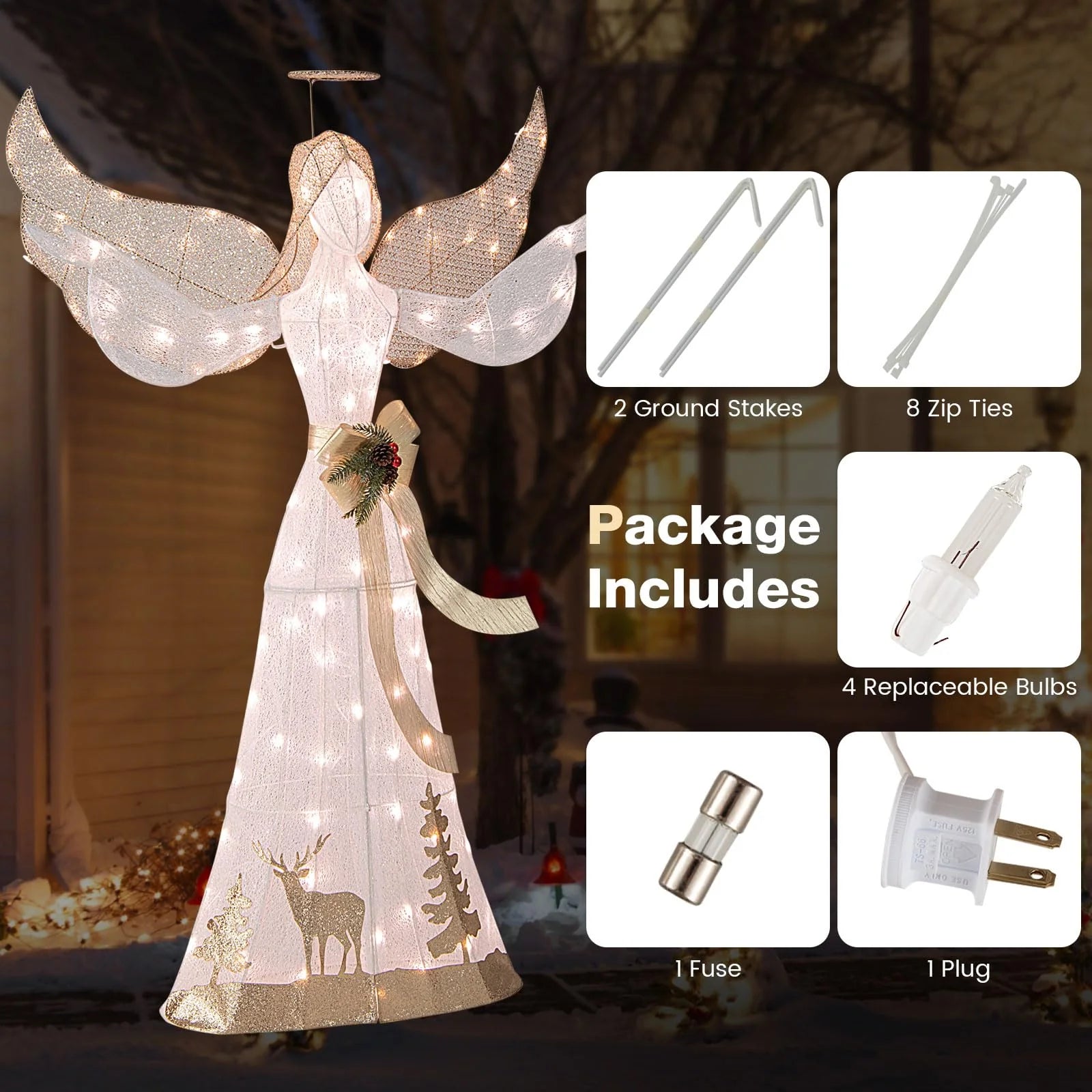 Tangkula 5 FT Lighted Christmas Angel, Outdoor Pre-lit 3D Glittered Angel with 100 Warm White Lights - Product image 8