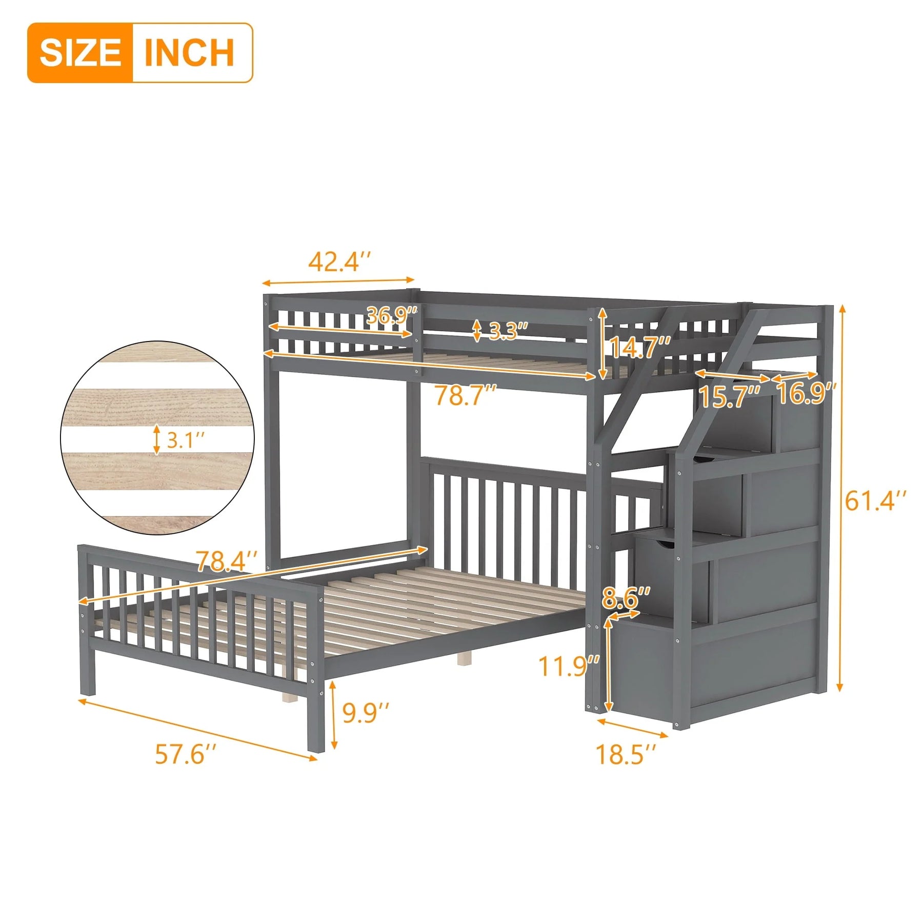 Euroco Wood Stairway Twin Loft Bed with Full Platform and Drawer - Product image 12
