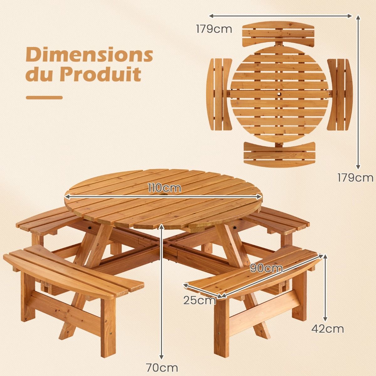 Wooden Picnic Table Set for 2-8 People Circular Table and Bench Set with 4 Integrated Benches 5cm Umbrella Hole Brown/Yellow -