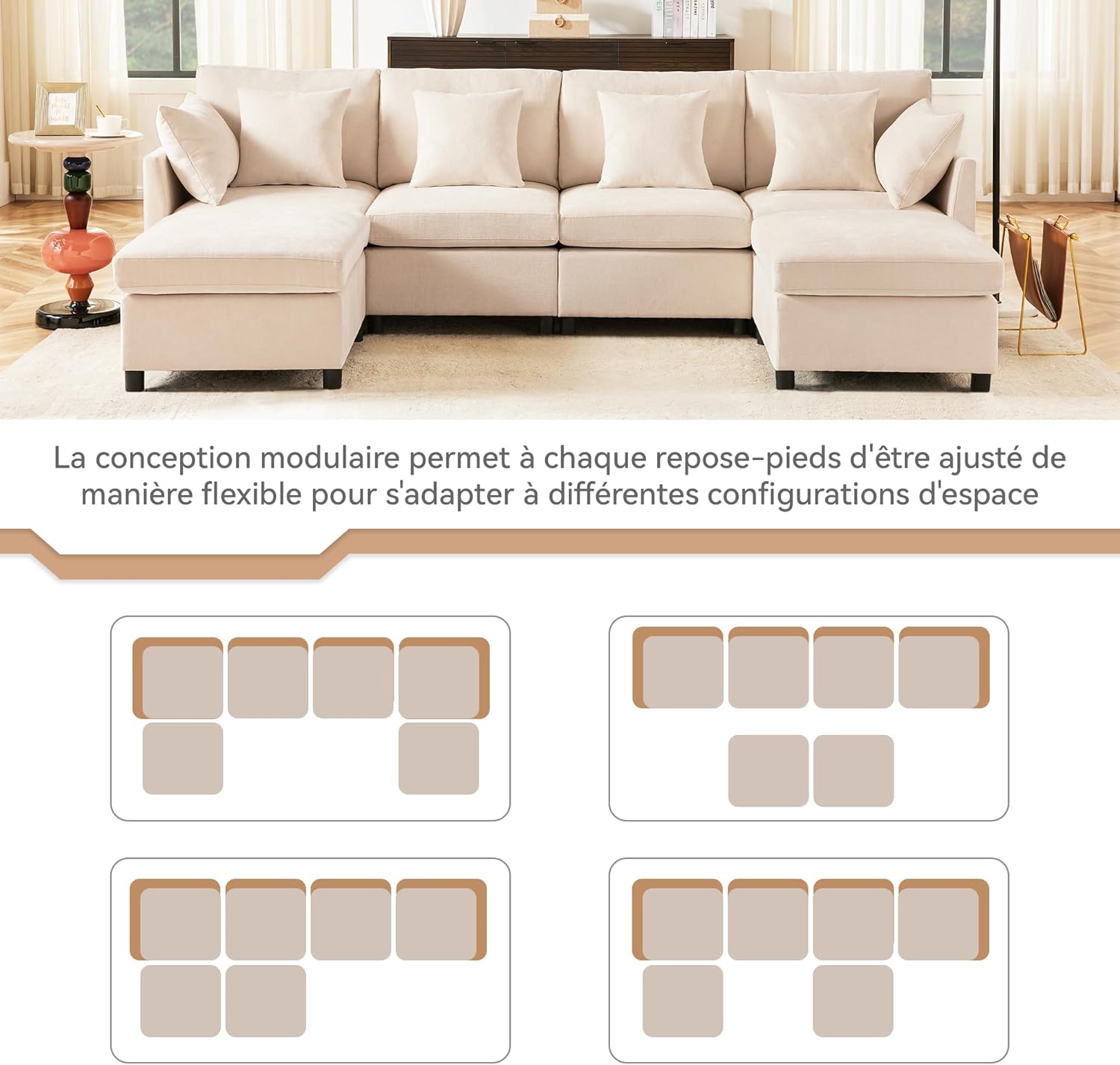 Seyakany Convertible Corner Sofa,4 Seater Convertible Sofa,Chenille Fabric with Removable Footrest,Four Seater L Shaped Sofa,Suitable for Home,Living Room,Apartment