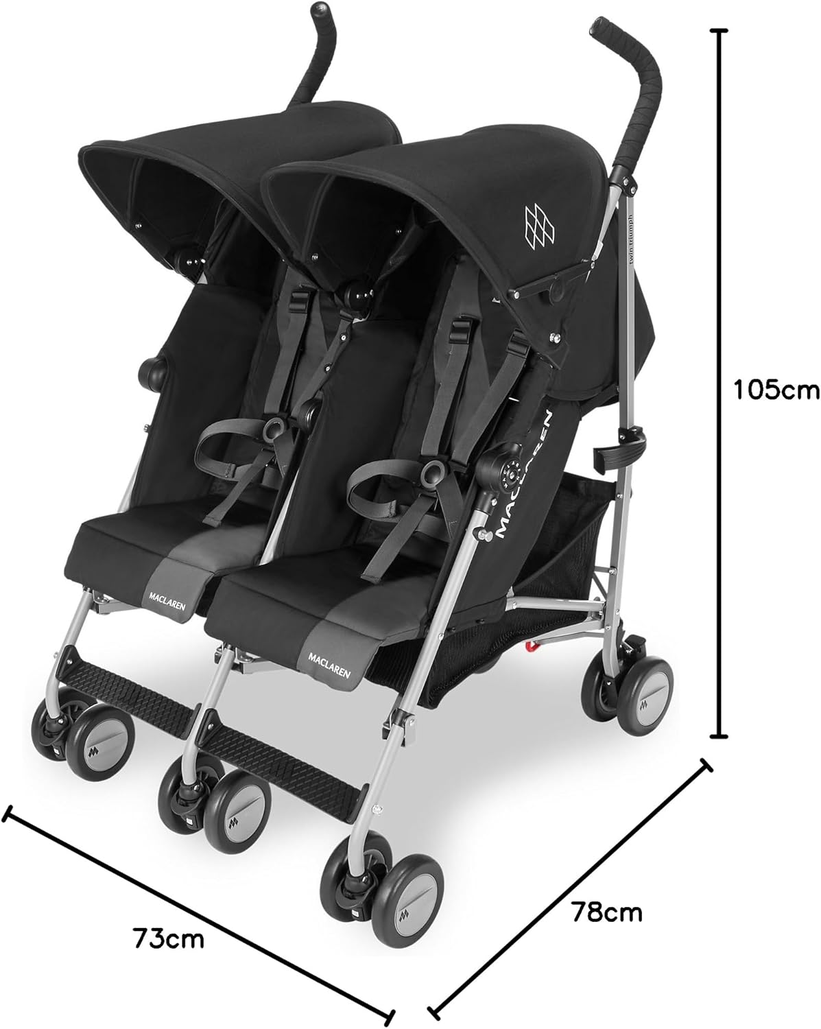 Maclaren Twin Triumph double stroller (6 months, up to 15 kg, one child per seat), light and compact, UPF 50+ extendable hood with rain cover - Black/Anthracite