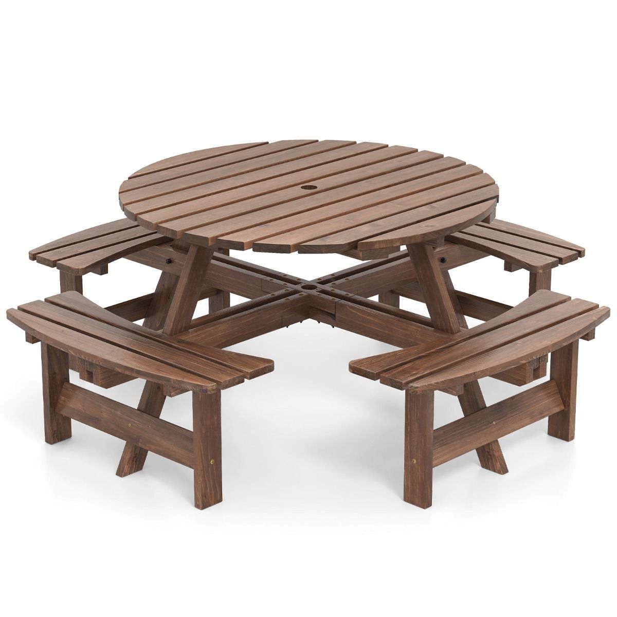 Wooden Picnic Table Set for 2-8 People Circular Table and Bench Set with 4 Integrated Benches 5cm Umbrella Hole Brown/Yellow -