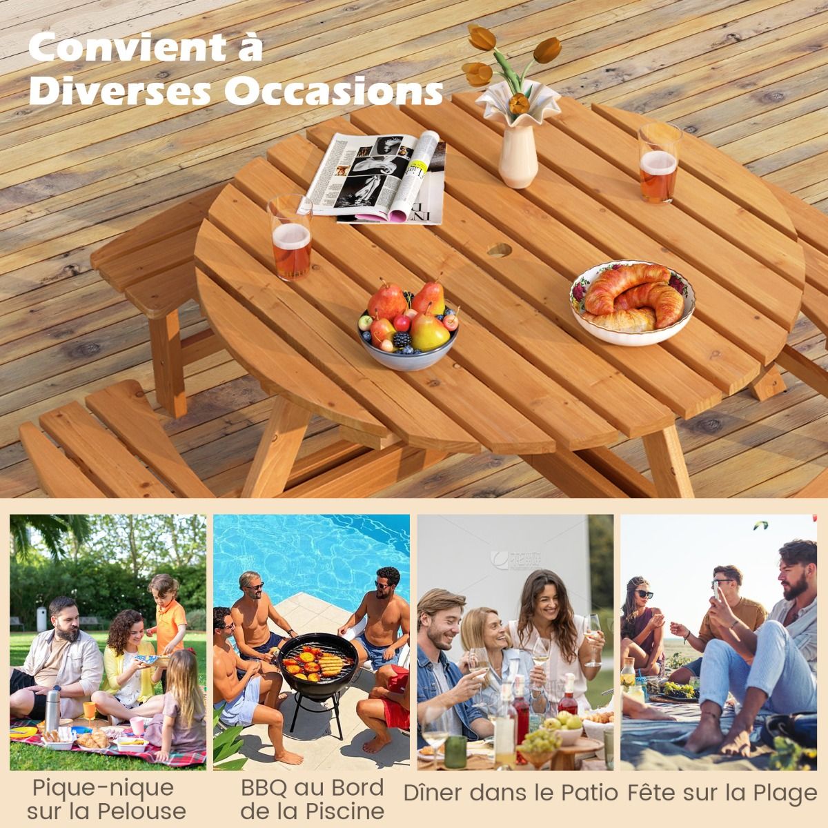Wooden Picnic Table Set for 2-8 People Circular Table and Bench Set with 4 Integrated Benches 5cm Umbrella Hole Brown/Yellow -