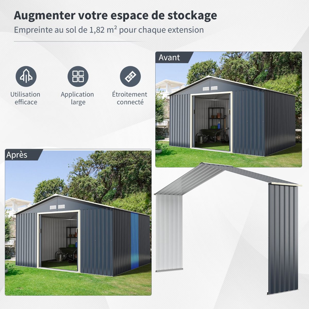 Metal Garden Shed & Extension 10.85 with 2 Lockable Sliding Doors 4 Gray Ventilation Holes for Bicycle -