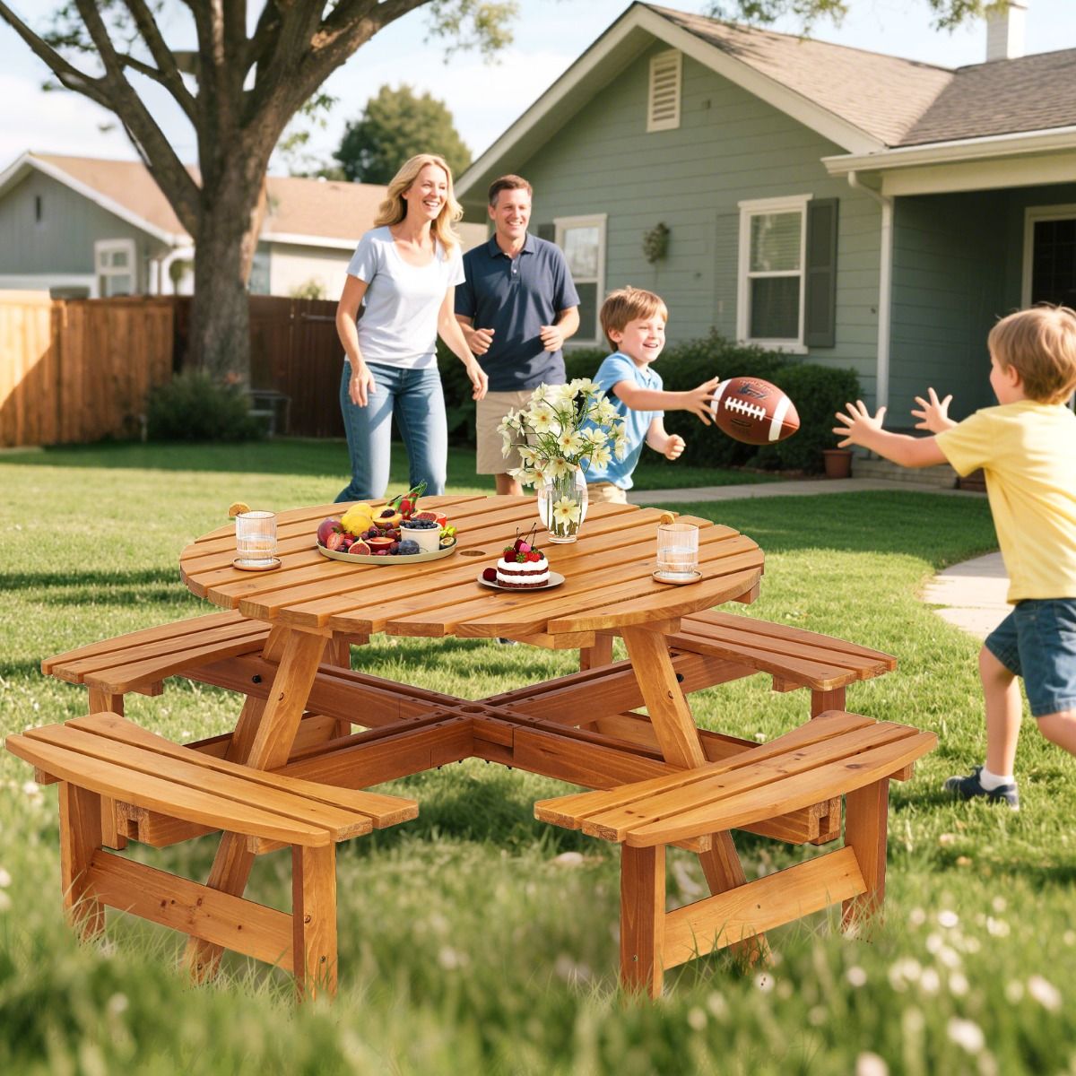 Wooden Picnic Table Set for 2-8 People Circular Table and Bench Set with 4 Integrated Benches 5cm Umbrella Hole Brown/Yellow -