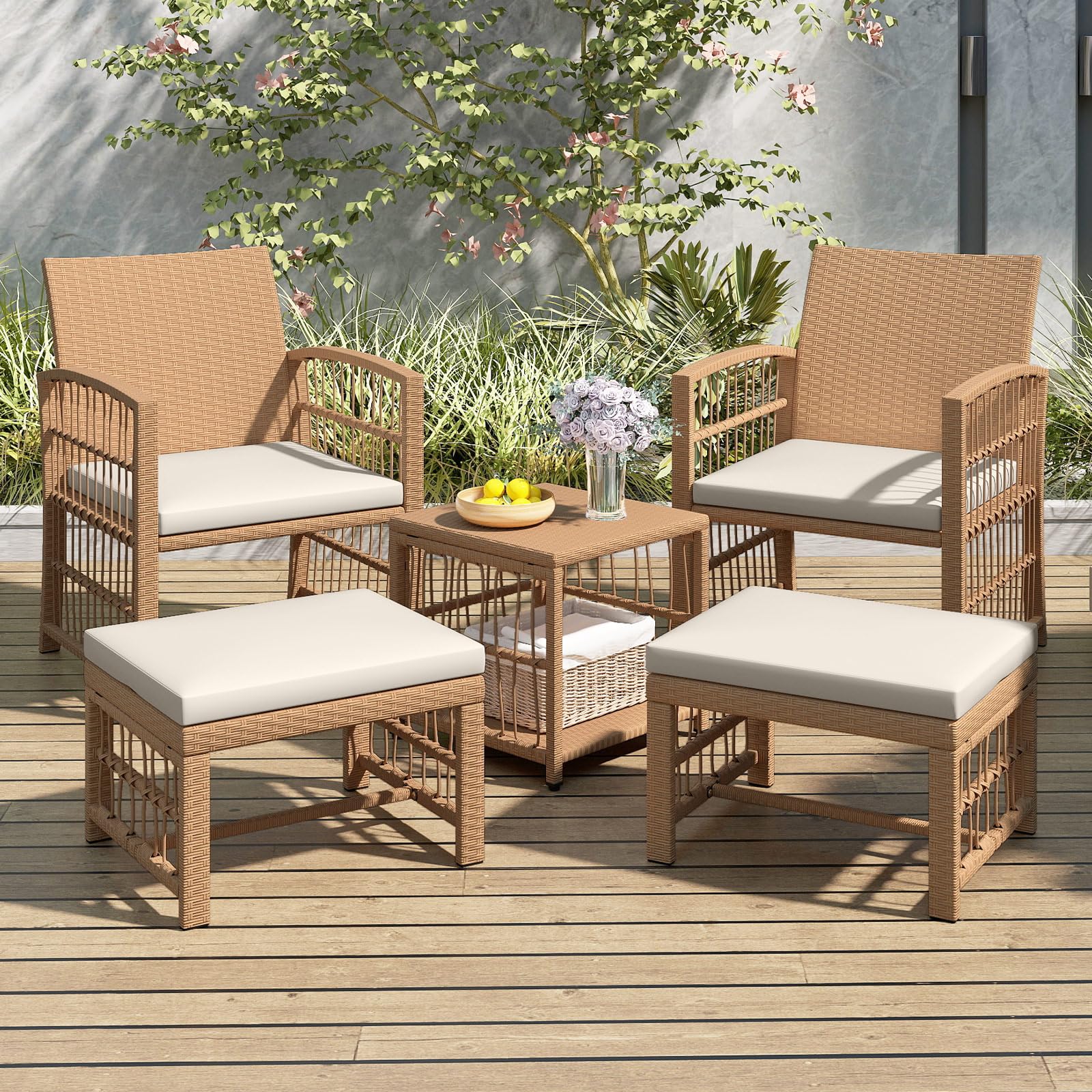 Tangkula 5 Piece Patio Wicker Conversation Set Includes 2 Armchairs, 2 Ottomans & 2-Tier Side Table - Product image 3