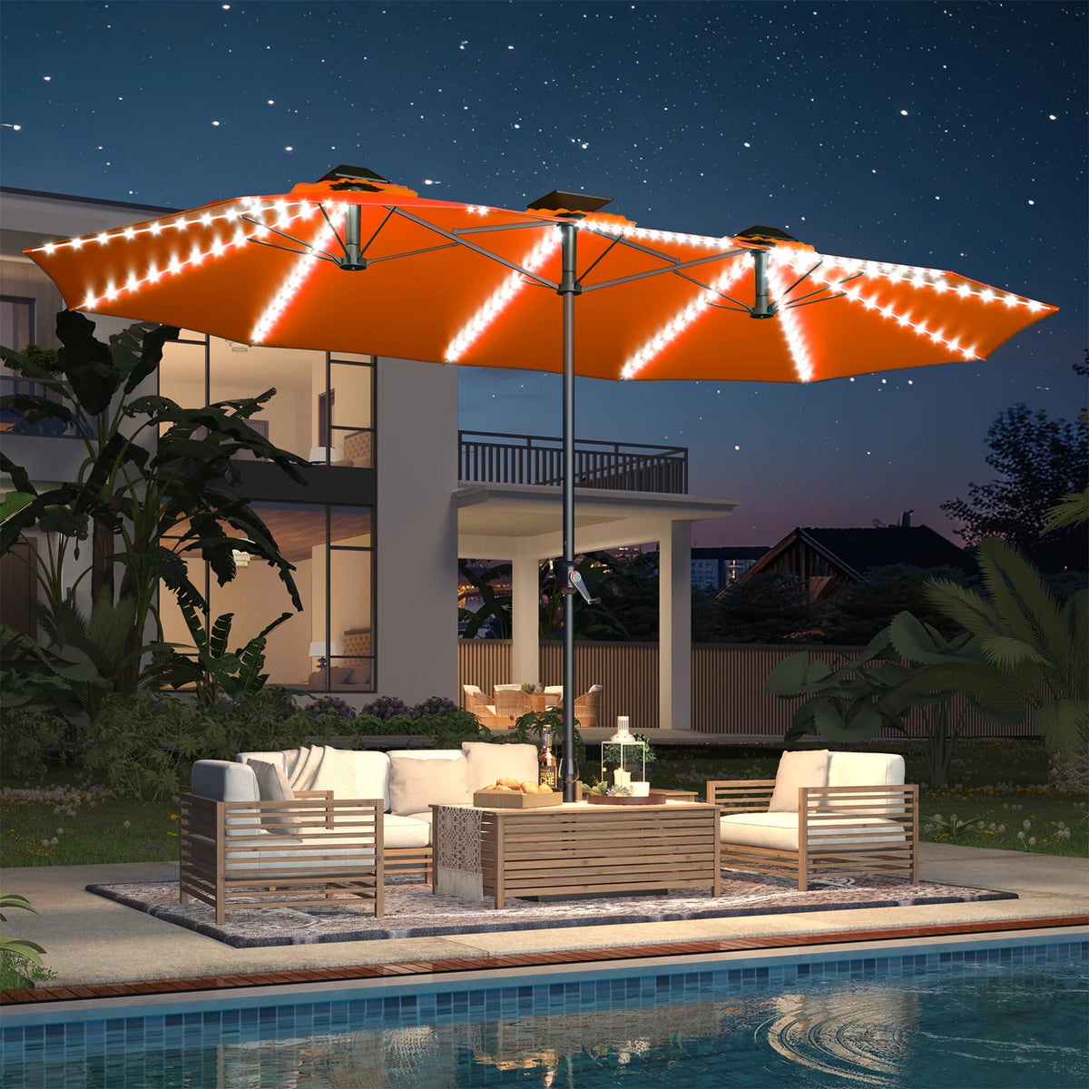 AECOJOY 15ft Patio Double-Sided Umbrella, 156 PCS Solar LED Light Outdoor Large Umbrella, Orange - Product image 8