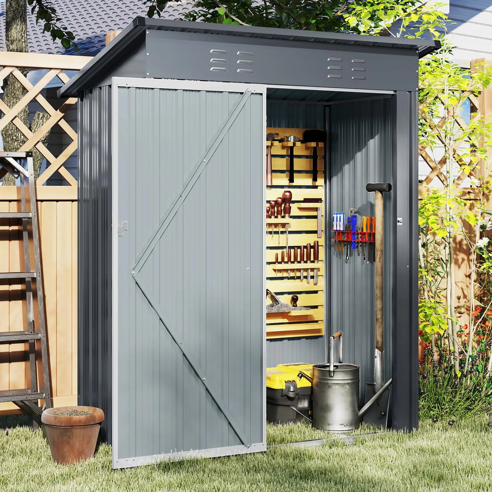 5 x 3 FT Outdoor Storage Shed, Galvanized Metal Tool House with Sloped Roof, 2 Vents, Lockable Door - Product image 1