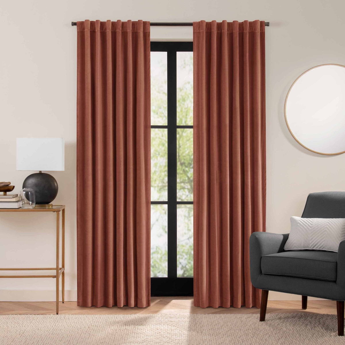 Eclipse Luxury Cotton Velvet 100% Blackout Rod Pocket Back Tab Curtain Window Panel - Copper - 96x50 - Product image 1
