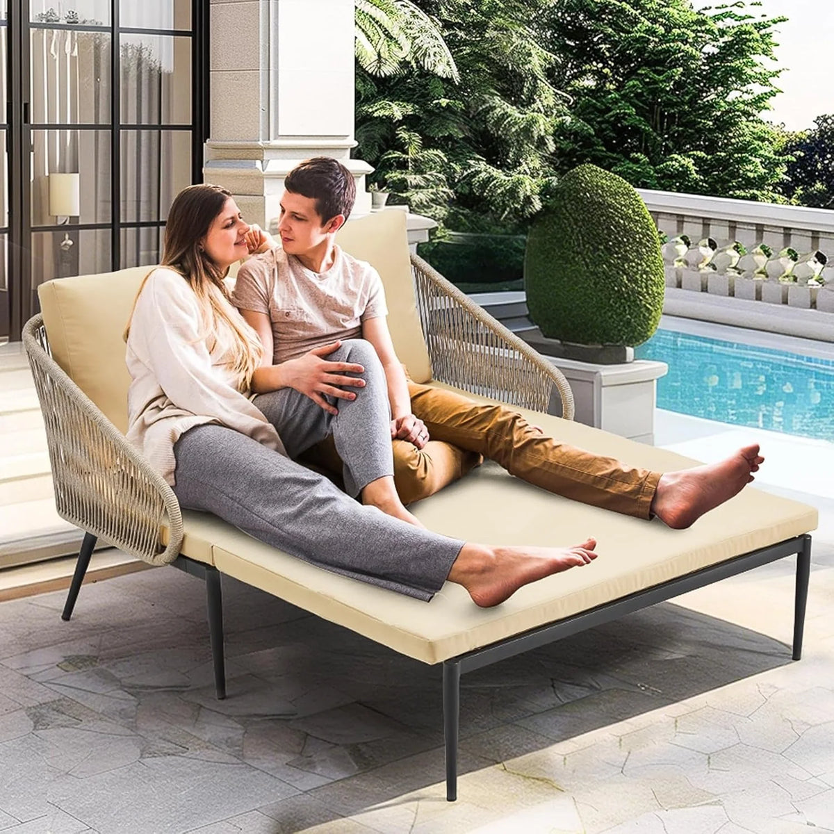 AECOJOY Outdoor Double Chaise Lounge Chair, Convertible Patio Loveseat Sofa Couch with Cushions - Product image 3