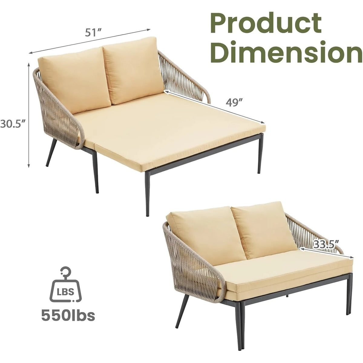 AECOJOY Outdoor Double Chaise Lounge Chair, Convertible Patio Loveseat Sofa Couch with Cushions - Product image 4