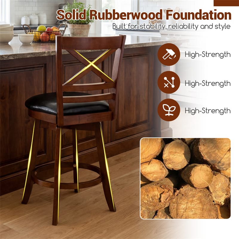 Set of 2 Swivel Counter Height Bar Stools, 25" Rubber Wood Barstools with High Back - Product image 4