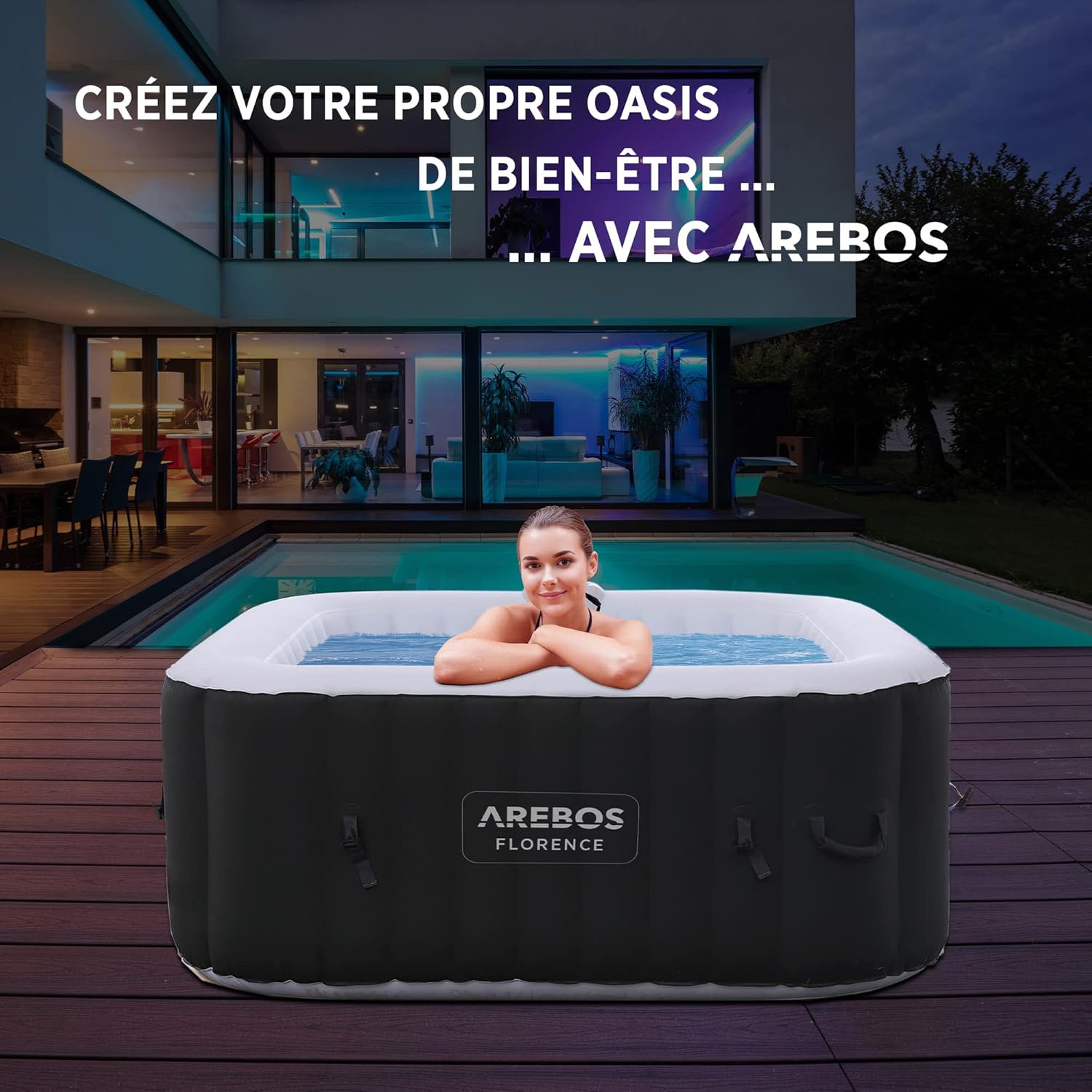 Arebos Inflatable Spa | for indoors and outdoors | 4 People | 154x154cm | 100 Massage Jets | Spa Well-being Heating | Square Inflatable Massage | 600 liters