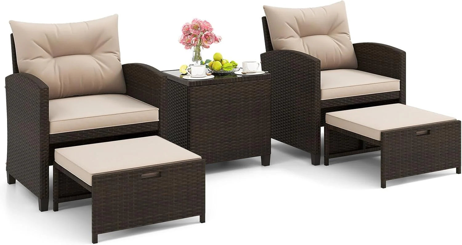 Tangkula 5 Piece Patio Rattan Furniture | Wicker Cushioned Chairs Set w/ 2 Ottomans & Tempered Glass Coffee Table