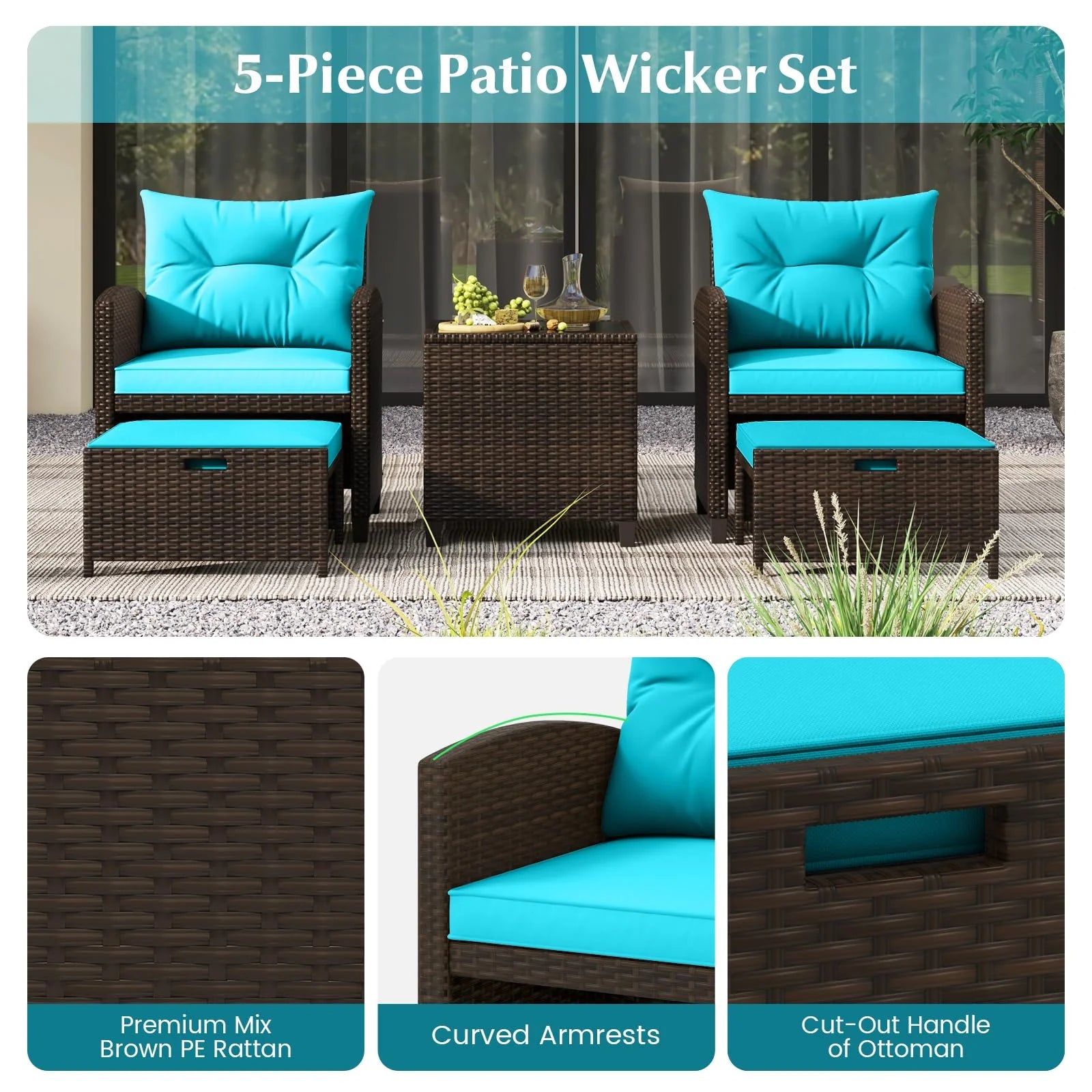 Tangkula 5 Piece Patio Rattan Furniture | Wicker Cushioned Chairs Set w/ 2 Ottomans & Tempered Glass Coffee Table