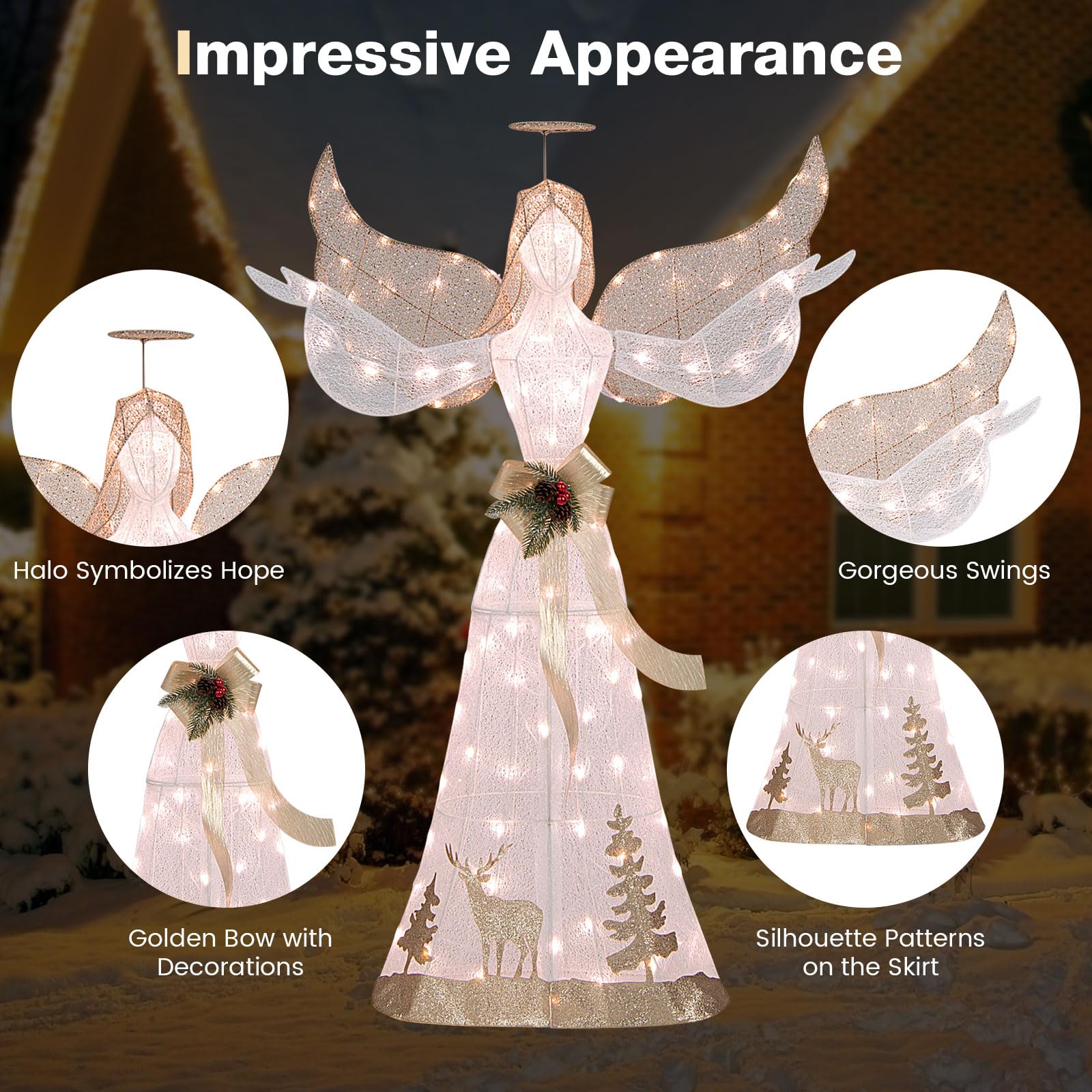 Tangkula 5 FT Lighted Christmas Angel, Outdoor Pre-lit 3D Glittered Angel with 100 Warm White Lights - Product image 9
