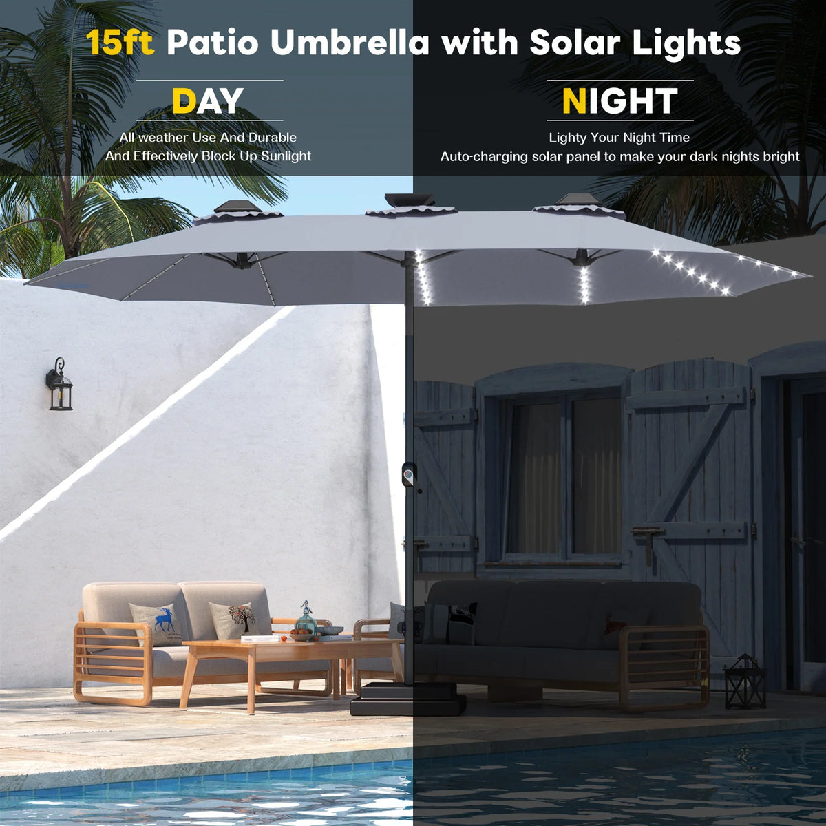 AECOJOY 15ft Patio Double-Sided Umbrella, 156 PCS Solar LED Light Outdoor Large Umbrella, Grey