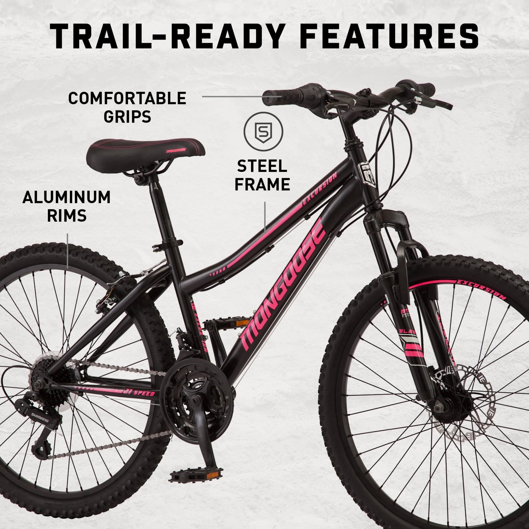 Mongoose 24 - In. Excursion Unisex Mountain Bike, Black, 21 Speeds - Product image 5