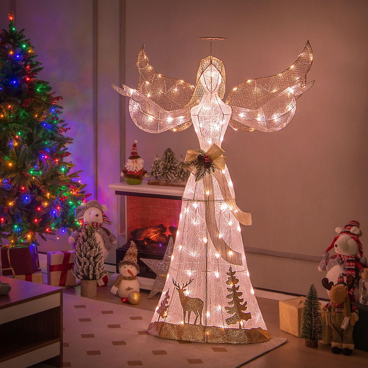 Tangkula 5 FT Lighted Christmas Angel, Outdoor Pre-lit 3D Glittered Angel with 100 Warm White Lights - Product image 4