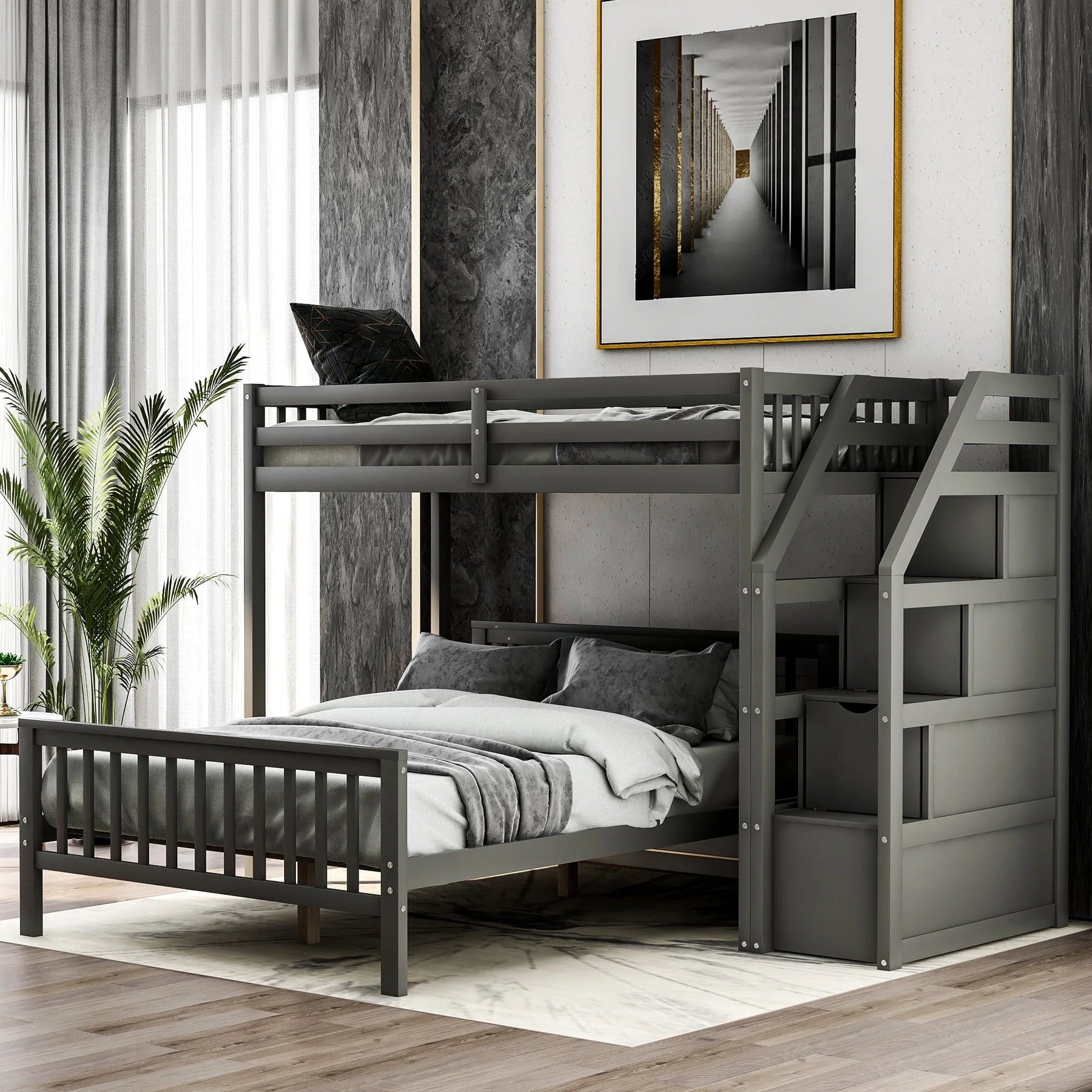 Euroco Wood Stairway Twin Loft Bed with Full Platform and Drawer - Product image 1
