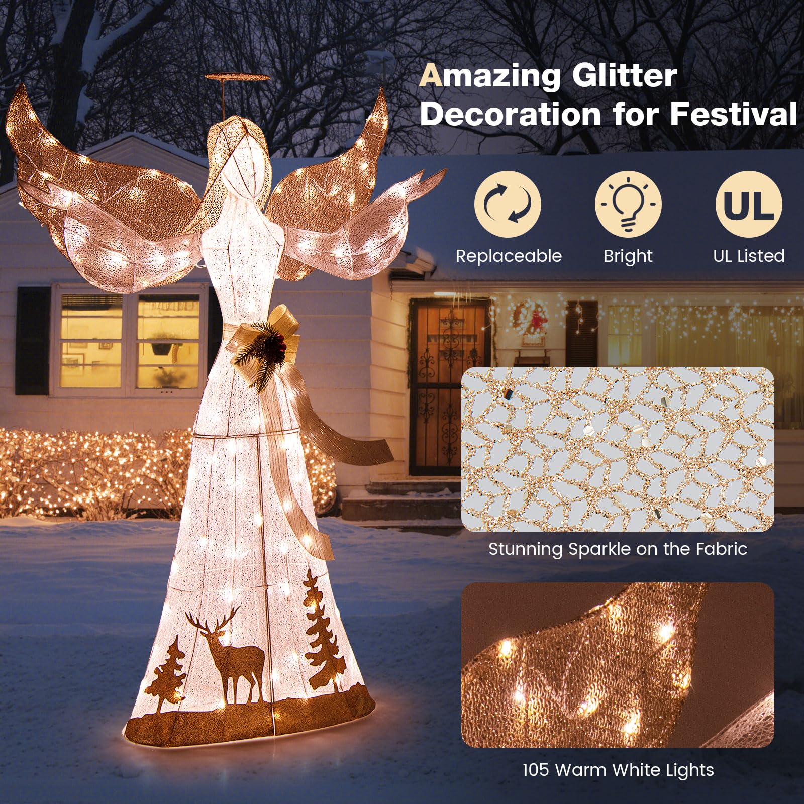 Tangkula 5 FT Lighted Christmas Angel, Outdoor Pre-lit 3D Glittered Angel with 100 Warm White Lights - Product image 6