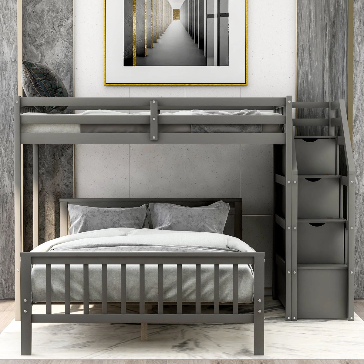 Euroco Wood Stairway Twin Loft Bed with Full Platform and Drawer - Product image 3