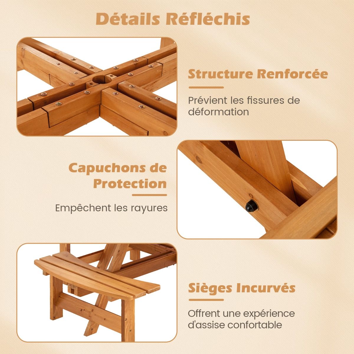 Wooden Picnic Table Set for 2-8 People Circular Table and Bench Set with 4 Integrated Benches 5cm Umbrella Hole Brown/Yellow -