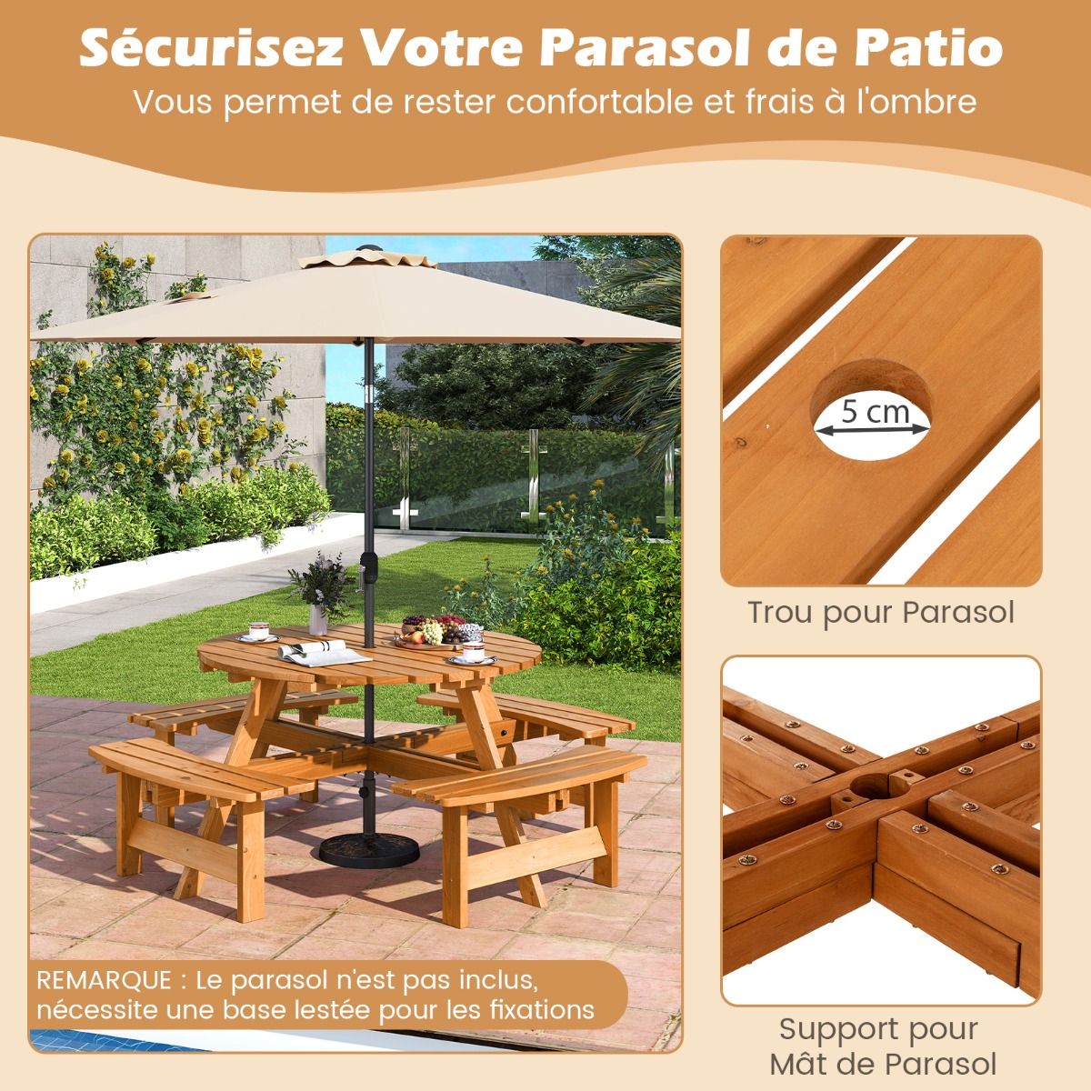 Wooden Picnic Table Set for 2-8 People Circular Table and Bench Set with 4 Integrated Benches 5cm Umbrella Hole Brown/Yellow -