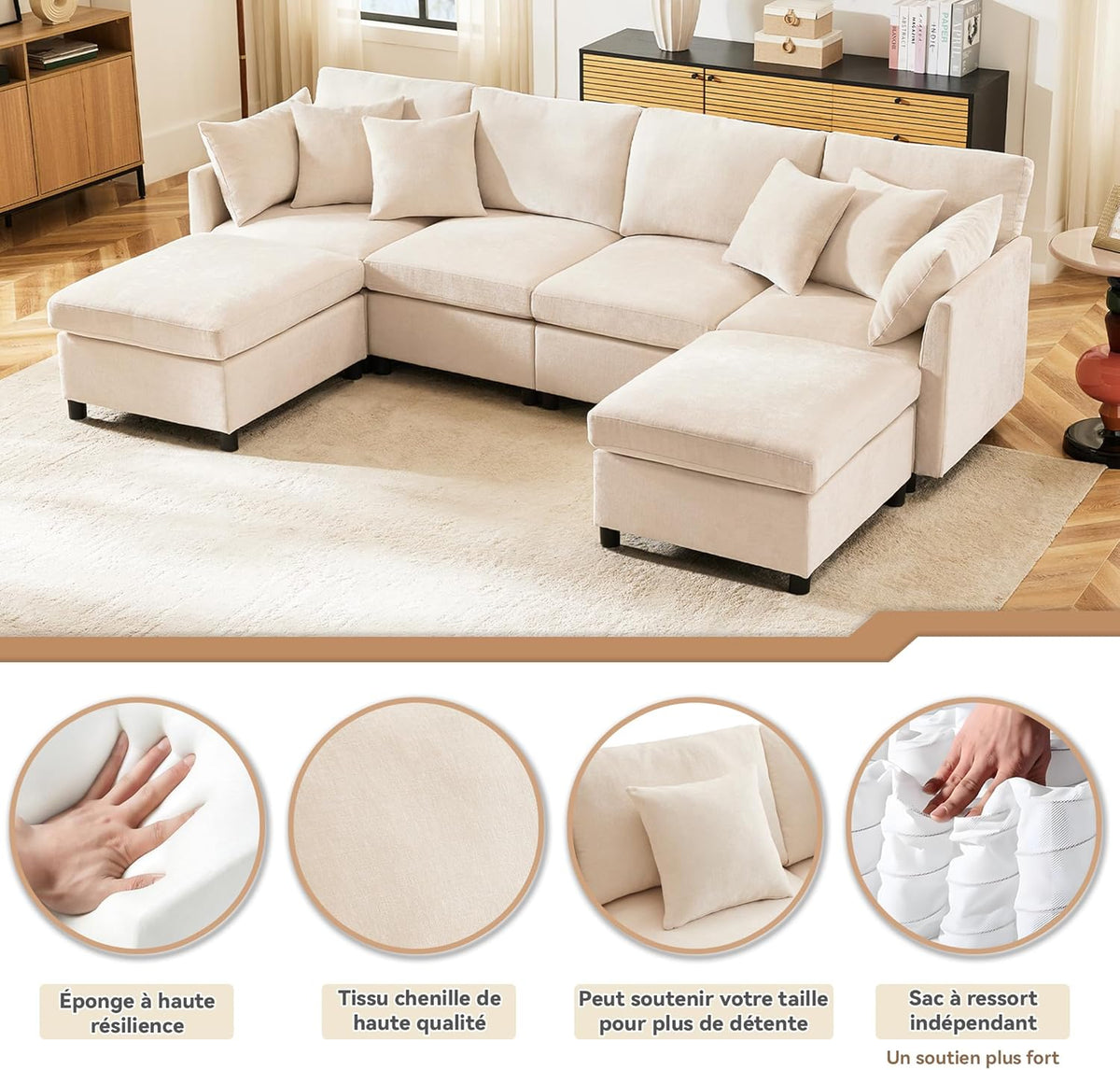 Seyakany Convertible Corner Sofa,4 Seater Convertible Sofa,Chenille Fabric with Removable Footrest,Four Seater L Shaped Sofa,Suitable for Home,Living Room,Apartment