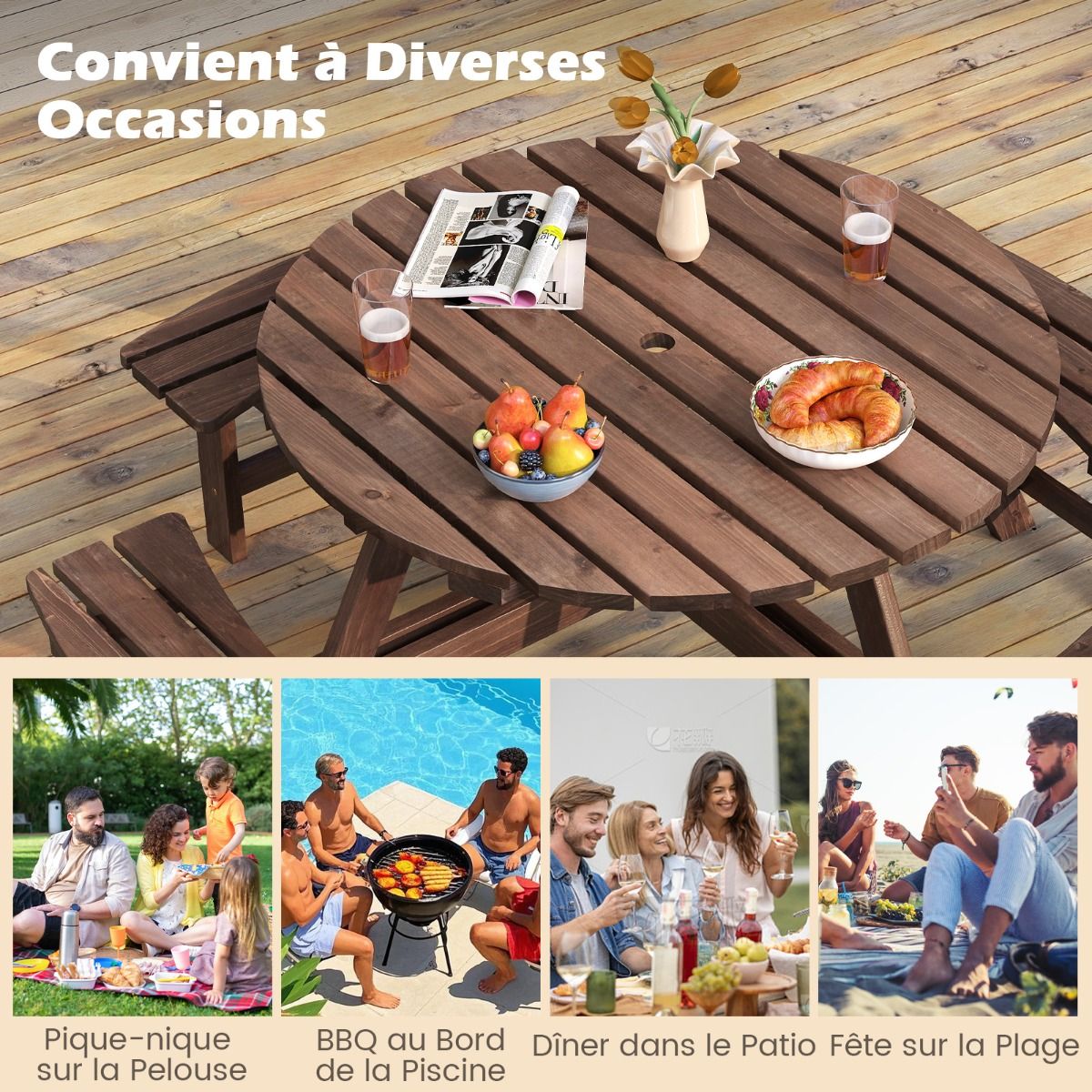 Wooden Picnic Table Set for 2-8 People Circular Table and Bench Set with 4 Integrated Benches 5cm Umbrella Hole Brown/Yellow -