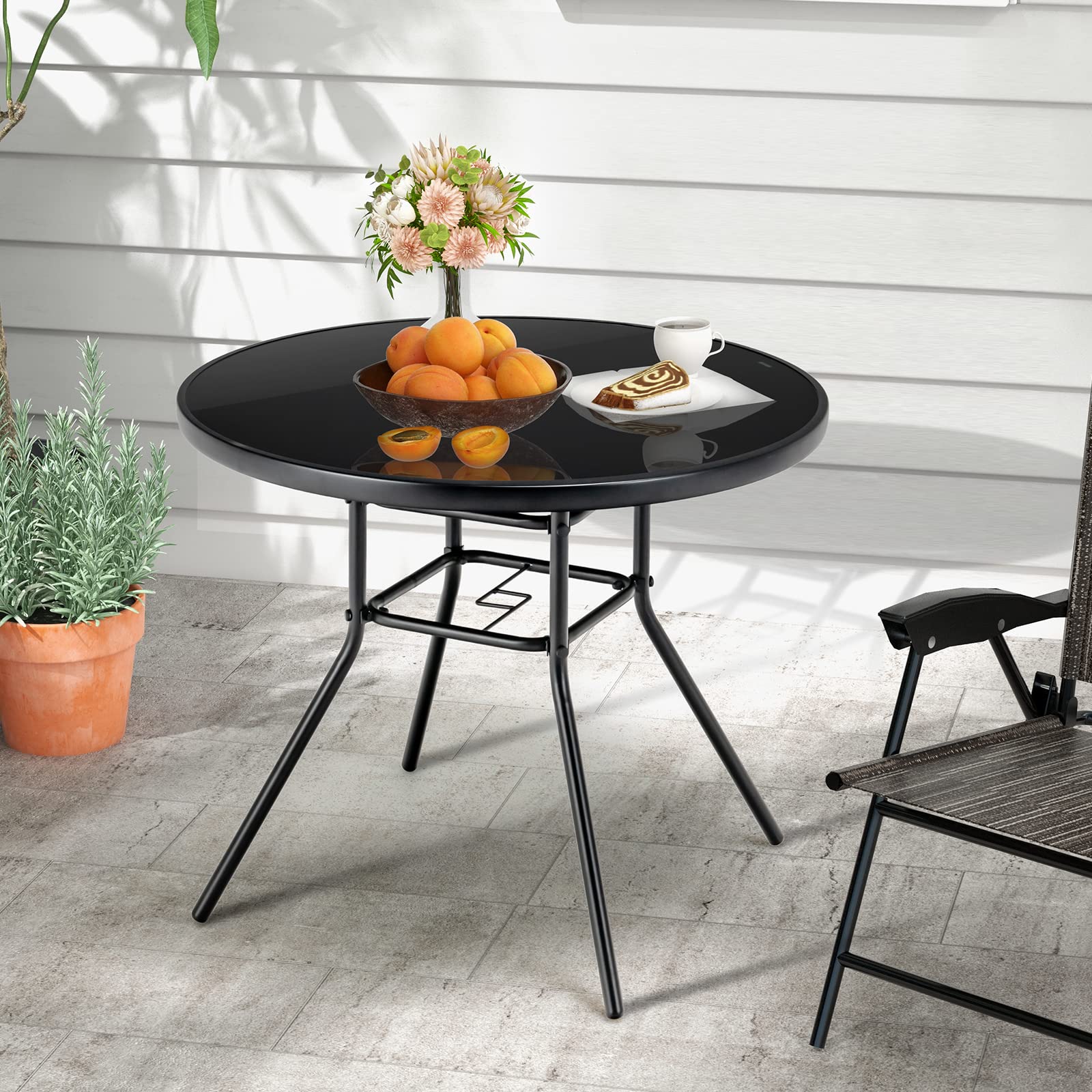 Tangkula 34 Inch Patio Dining Table, Round Tempered Glass Table with 1.5" Umbrella Hole - Product image 2