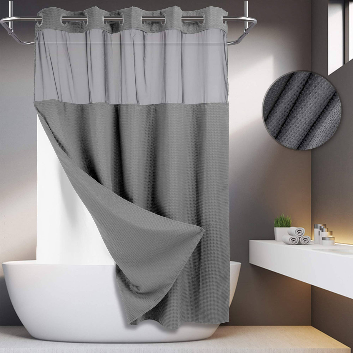 River Dream No Hooks Required Waffle Weave Shower Curtain with Snap in Liner - 71W x 74H, Hotel Grade - Product image 1