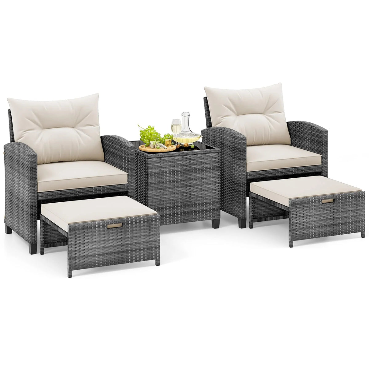 Tangkula 5 Piece Patio Rattan Furniture | Wicker Cushioned Chairs Set w/ 2 Ottomans & Tempered Glass Coffee Table