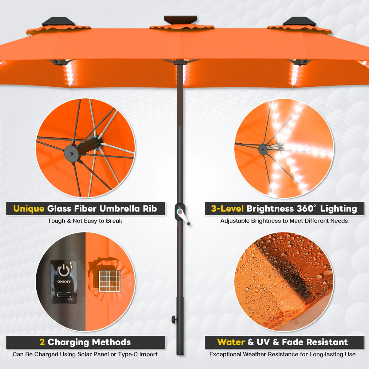 AECOJOY 15ft Patio Double-Sided Umbrella, 156 PCS Solar LED Light Outdoor Large Umbrella, Orange - Product image 4