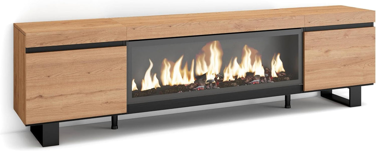 Skraut Home | TV cabinet | TV Bench | Large Storage Space | 210 | for TVs up to 80" | XXL electric fireplace | Industrial Design | Modern Style | Oak