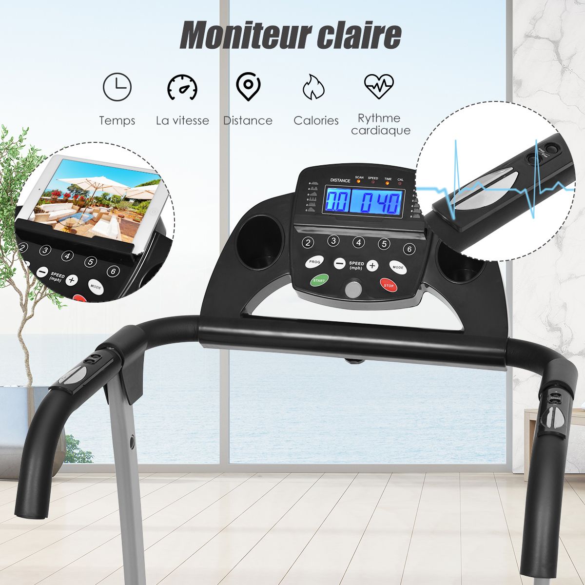Foldable Electric Treadmill with Screen and Heart Rate Monitor with Speed ​​from 1 to 10 km/h and 12 Programs Black -