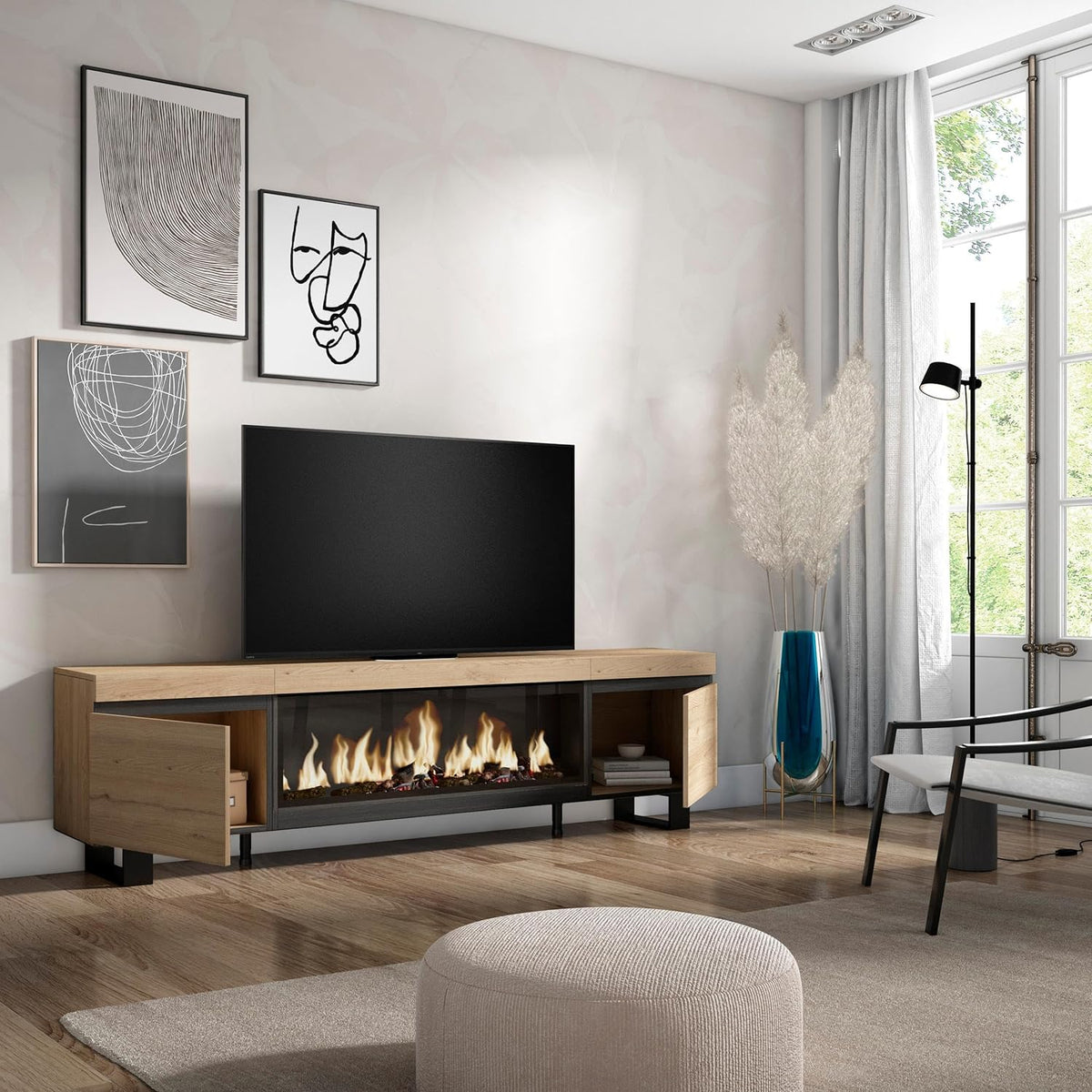 Skraut Home | TV cabinet | TV Bench | Large Storage Space | 210 | for TVs up to 80" | XXL electric fireplace | Industrial Design | Modern Style | Oak