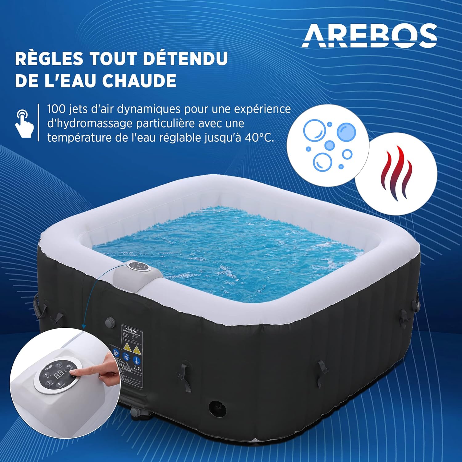 Arebos Inflatable Spa | for indoors and outdoors | 4 People | 154x154cm | 100 Massage Jets | Spa Well-being Heating | Square Inflatable Massage | 600 liters